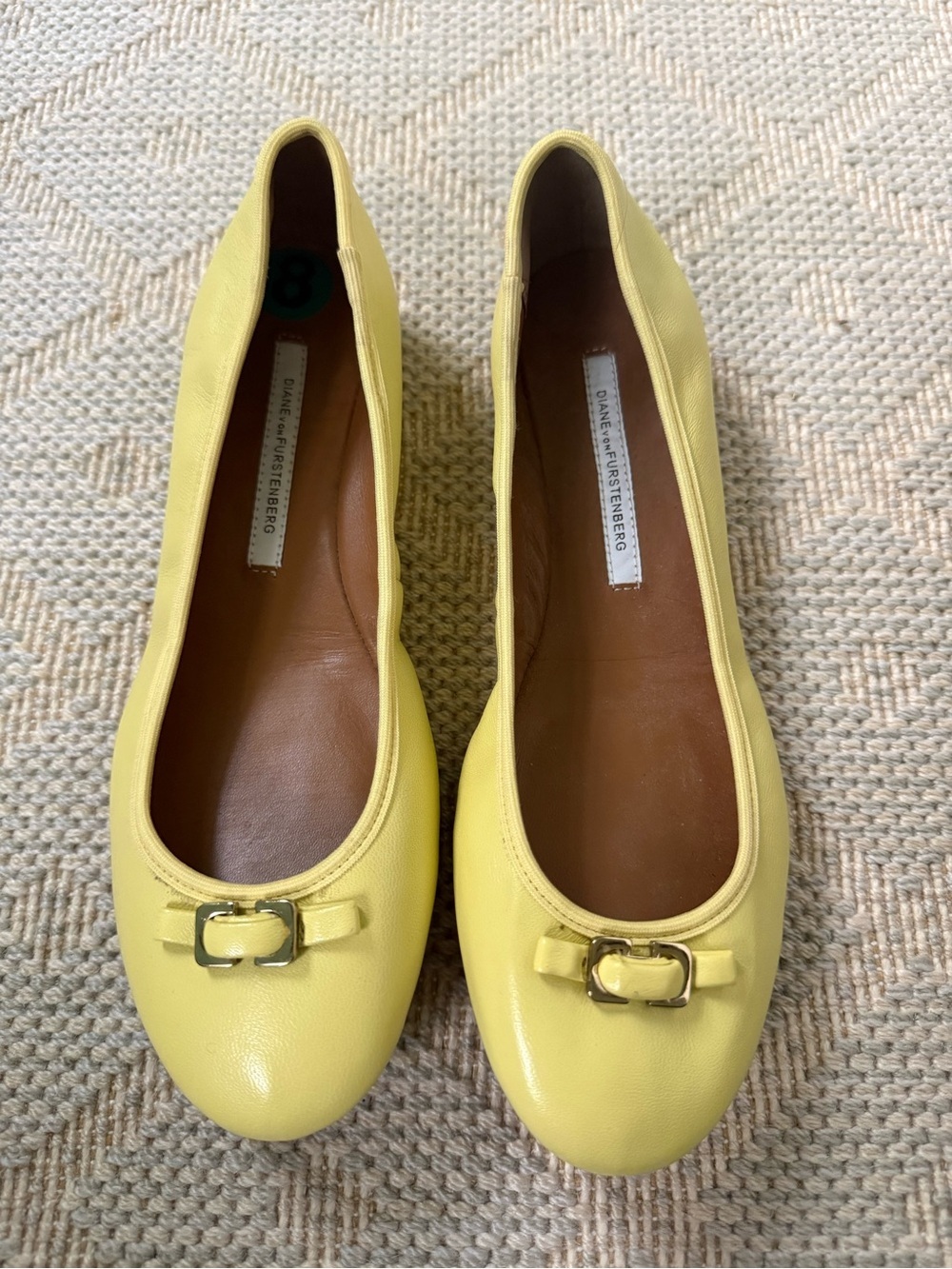 Diane von Furstenberg Lemon Yellow Leather Ballet Flats with Gold Buckle